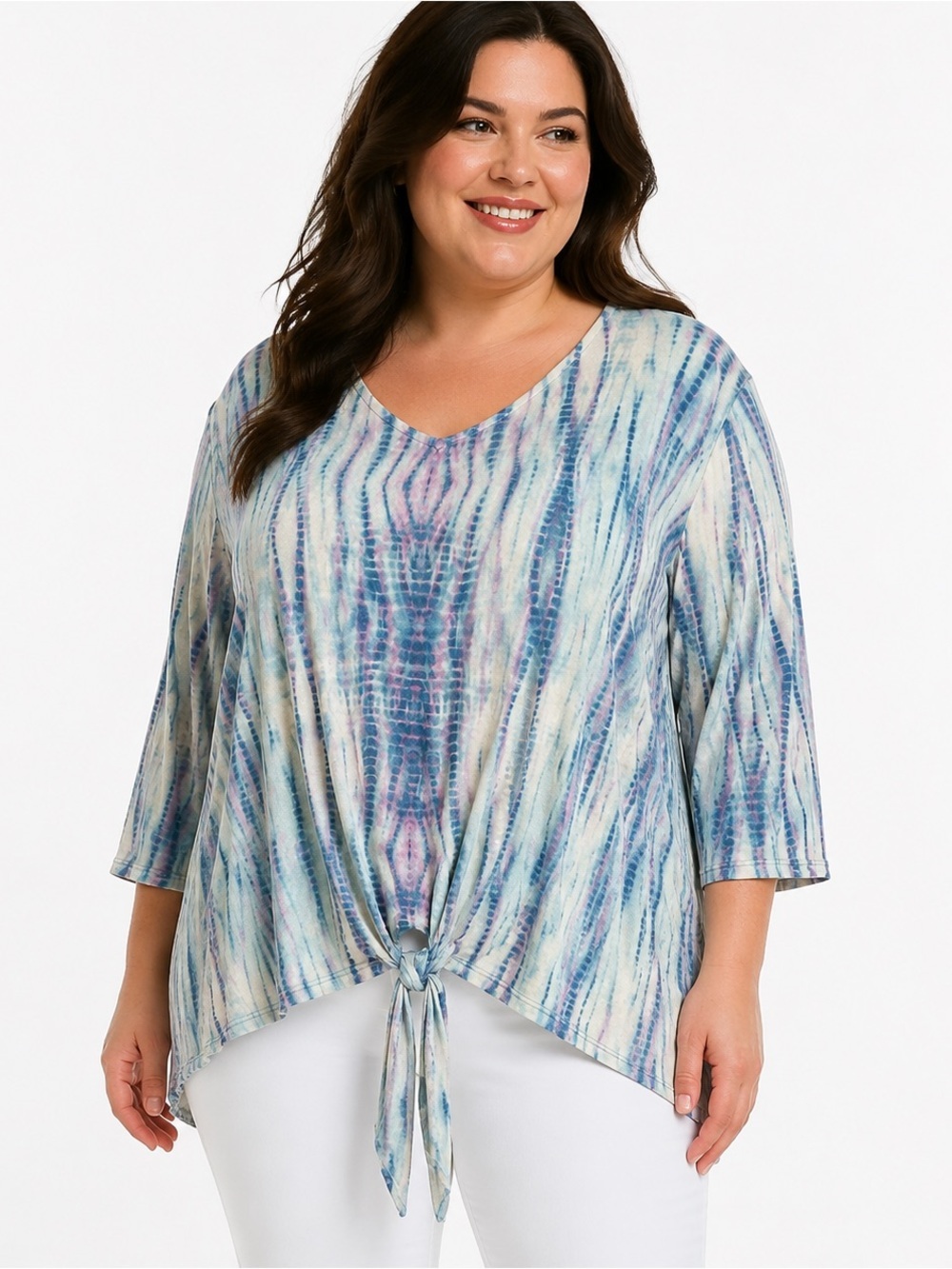 Chico’s Tie Dye Tie-Front V-Neck Top Blue Pink Size 3 XL